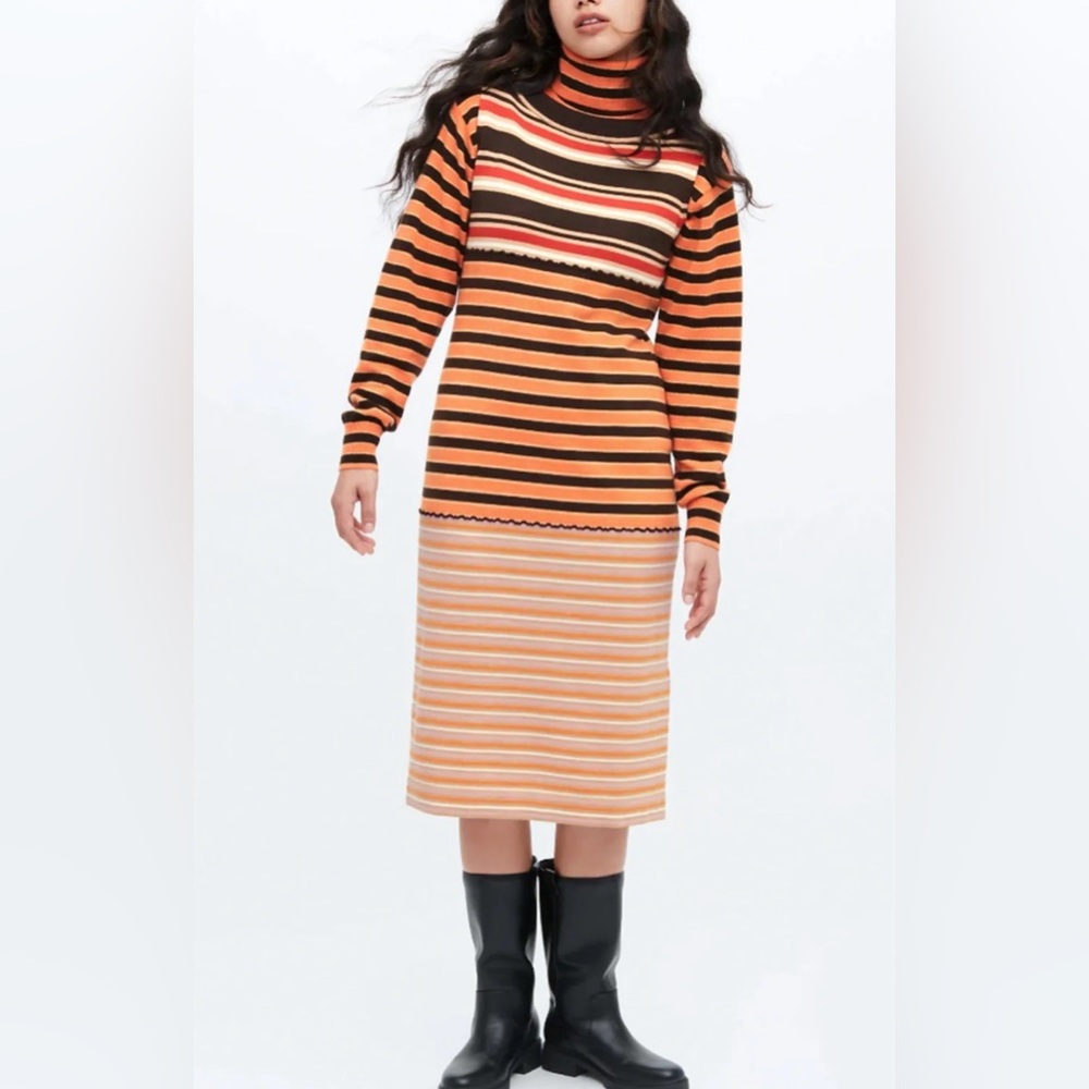 Marni Orange, Black & Cream Striped Turtleneck Knit Dress
